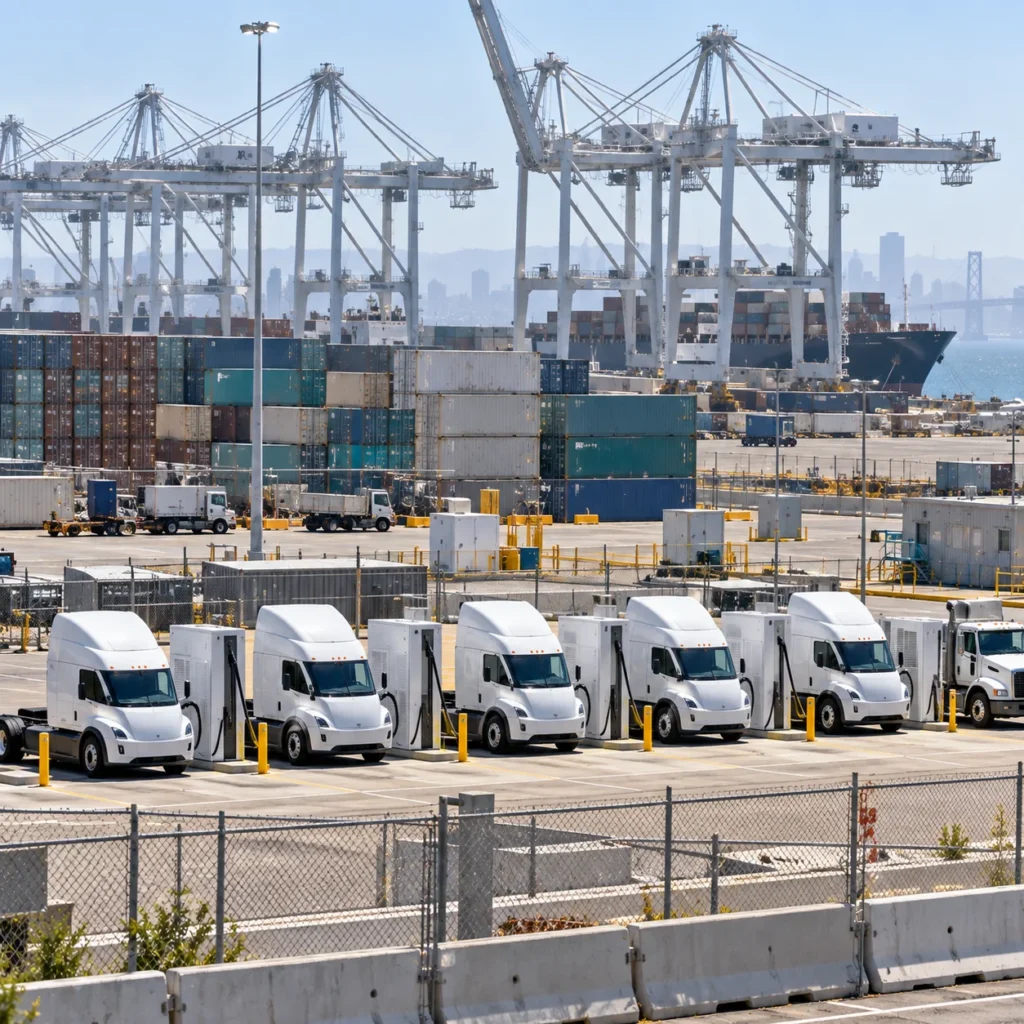 Electric semi trucks with container chassis charging in pull-through lanes at a port-side truck charging depot, with container cranes in the background at dusk.