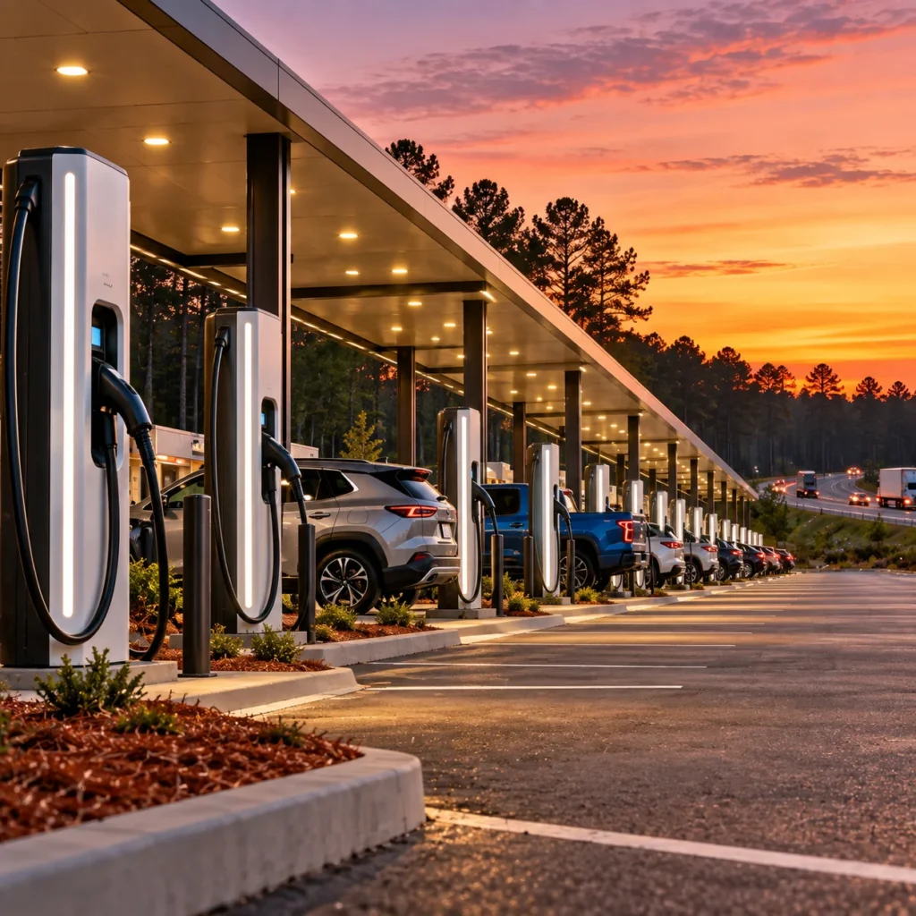 A row of high-power EV fast chargers under a lit canopy beside a convenience store at a highway stop at dusk, with electric vehicles plugged in.