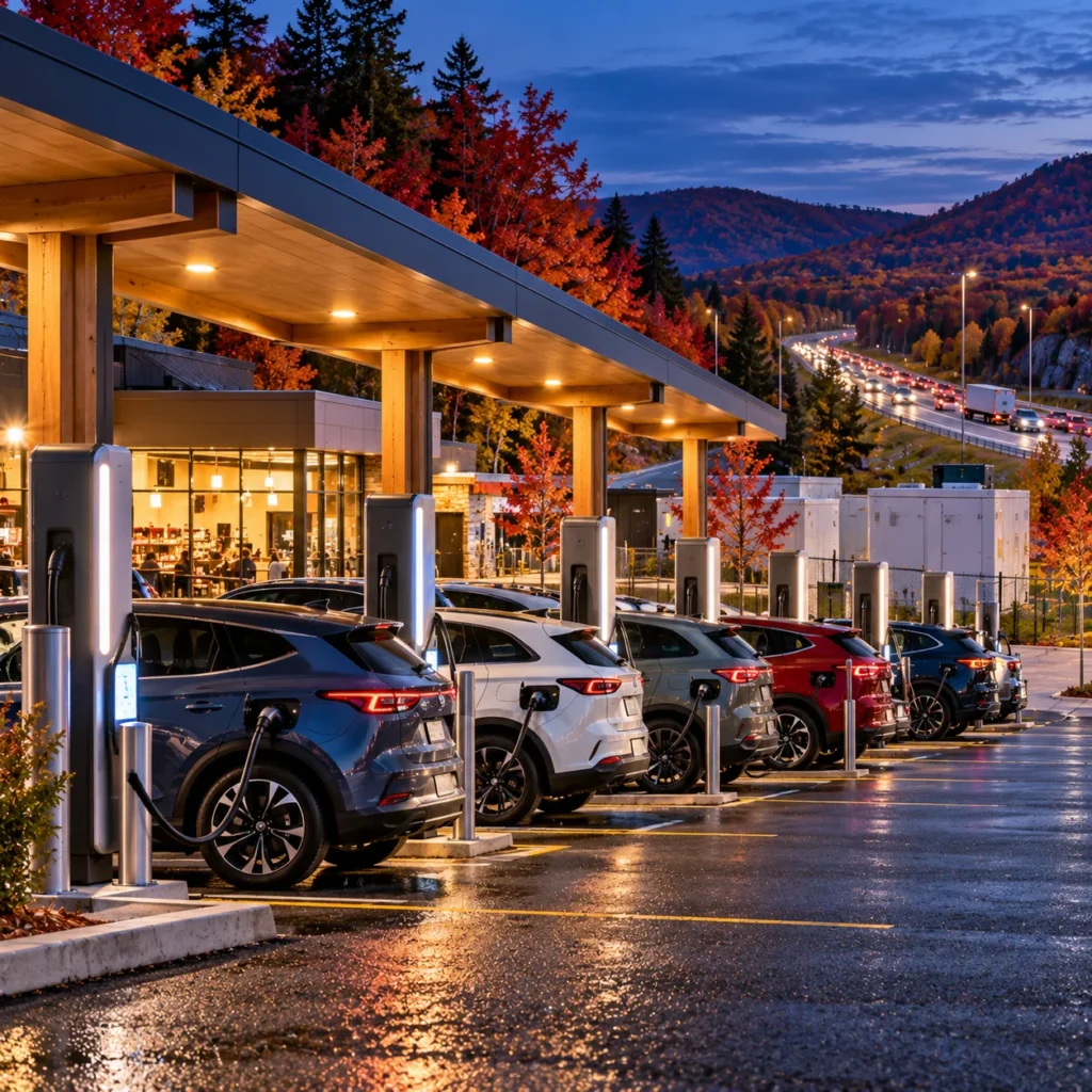 Electric vehicles fill every stall at a highway fast charging site in Quebec at dusk, with autumn maple hills and highway traffic behind.