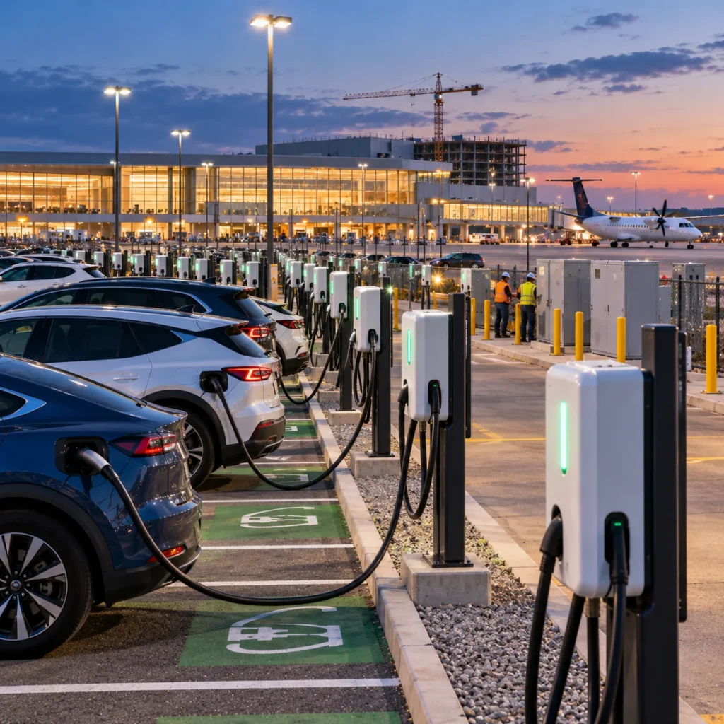 Rows of Level 2 electric vehicle chargers in an airport parking lot at dusk, with plugged-in cars, a lit terminal building and a construction crane in the background.